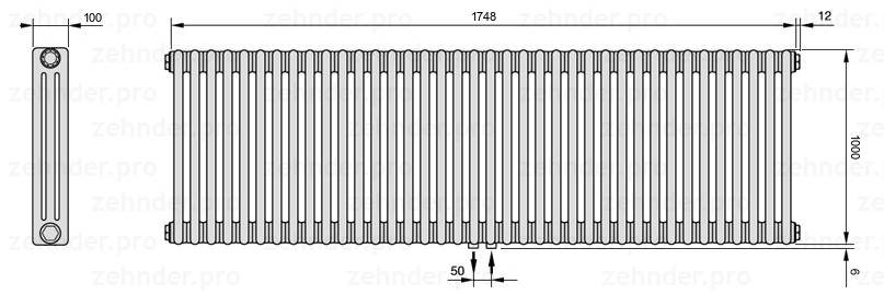 Схема (чертеж) Радиатор Zehnder Charleston 3100/38 №5410 Белый глянцевый RAL 9016